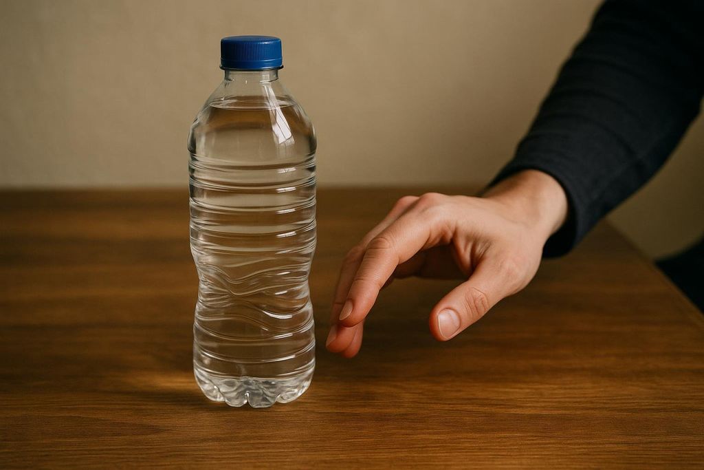 A clear plastic water bottle with a blue cap sits on a wooden table next to a person's hand, partially visible on the right side of the frame.