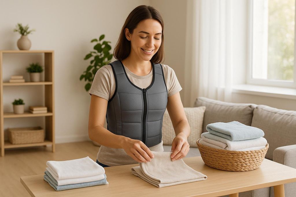 A smiling woman folds laundry on a wooden table while wearing a grey weighted vest. A basket of folded laundry and a sofa are visible in the background.