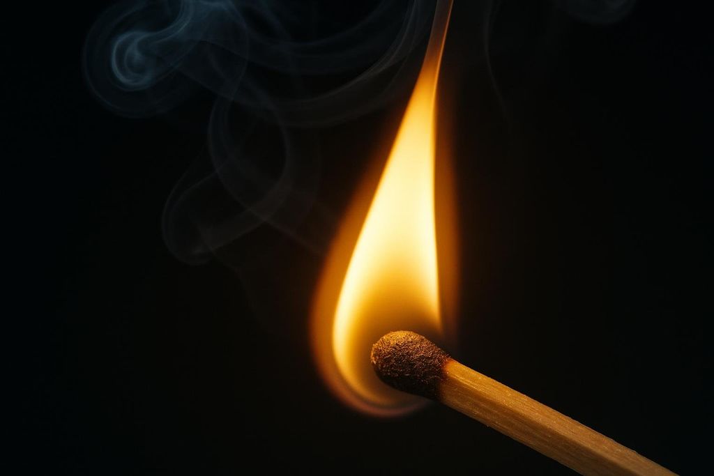 A match igniting, showing a bright orange flame and wisps of smoke against a dark background.