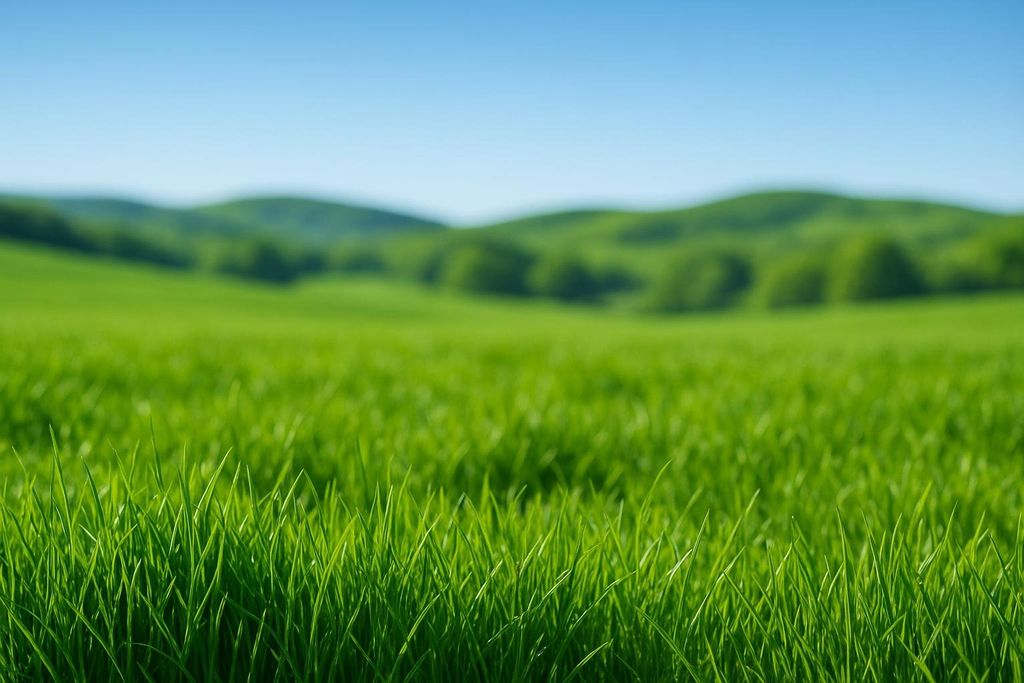 A close-up view of vibrant green grass in the foreground, with rolling hills covered in more green grass and a clear blue sky in the background.