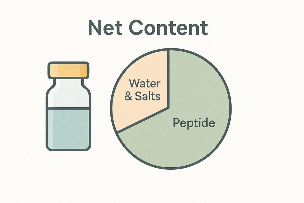 A graphic showing a vial with liquid and a pie chart illustrating 'Net Content'. The pie chart is divided into two sections: 'Water & Salts' (smaller, light orange slice) and 'Peptide' (larger, green slice), explaining that the total content includes peptide and impurities.