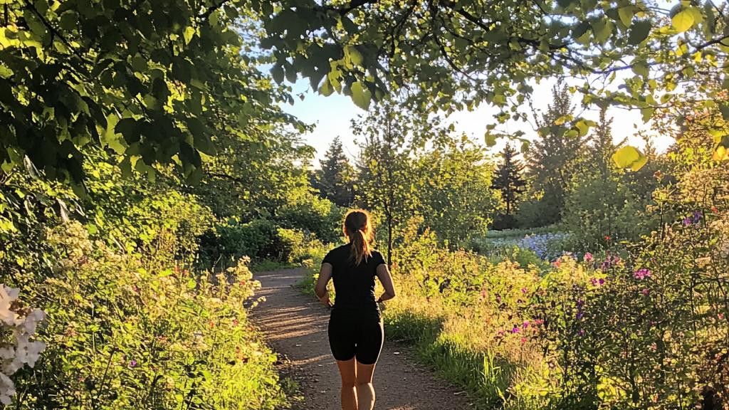 A woman is jogging away from the camera on a dirt trail through a sunny park at sunset.
