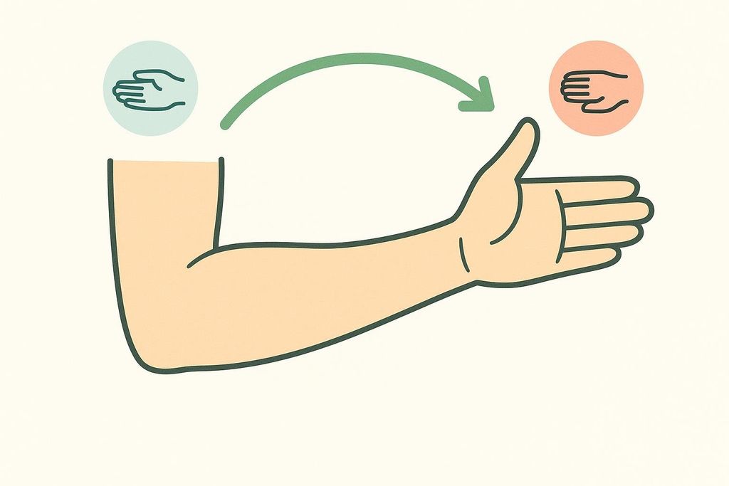 An instructional illustration demonstrating the forearm rotation exercise (pronation and supination) with an arm extending outward. The hand is first shown palm down, then an arrow indicates rotation to palm up, with a smaller icon showing an overhead view of each hand position.