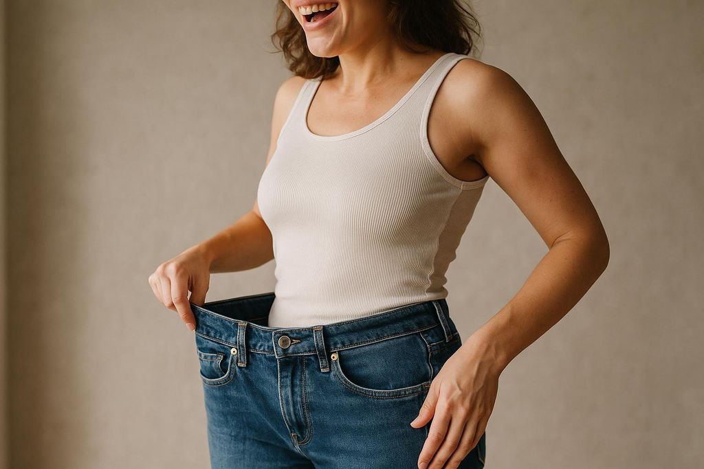 A woman smiles broadly as she demonstrates significant weight loss by pulling the waistband of her now-loose jeans far from her body with both hands.