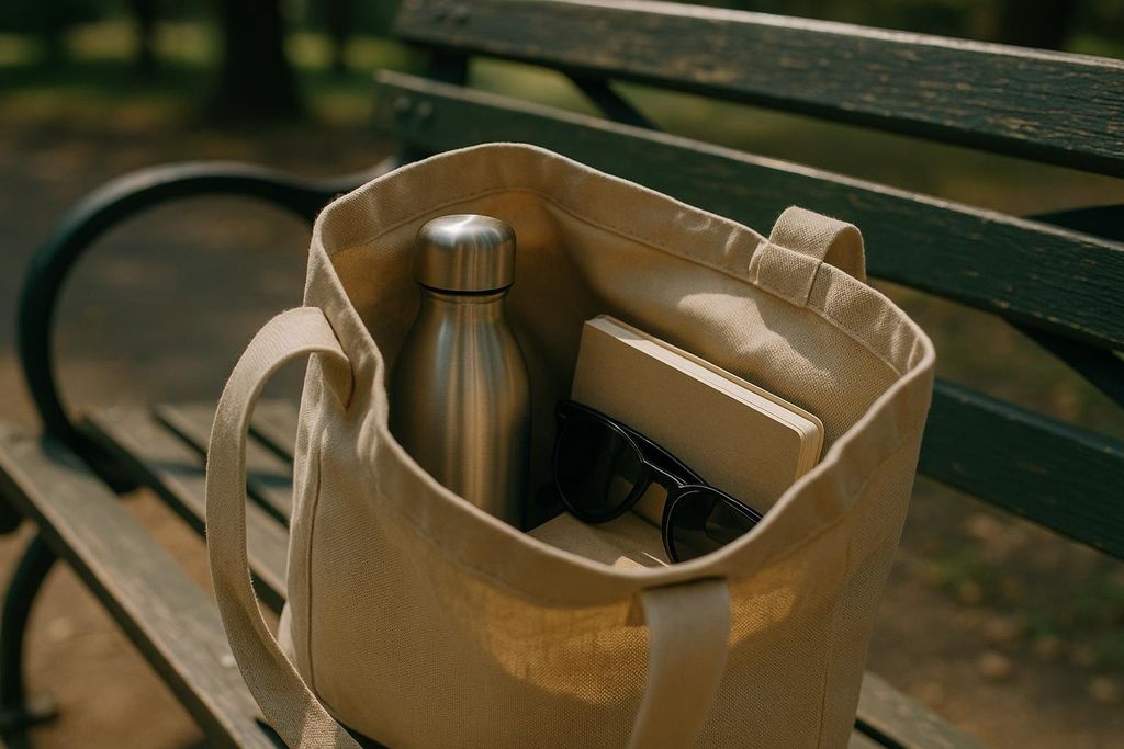 A can of water packed in a travel bag on a park bench