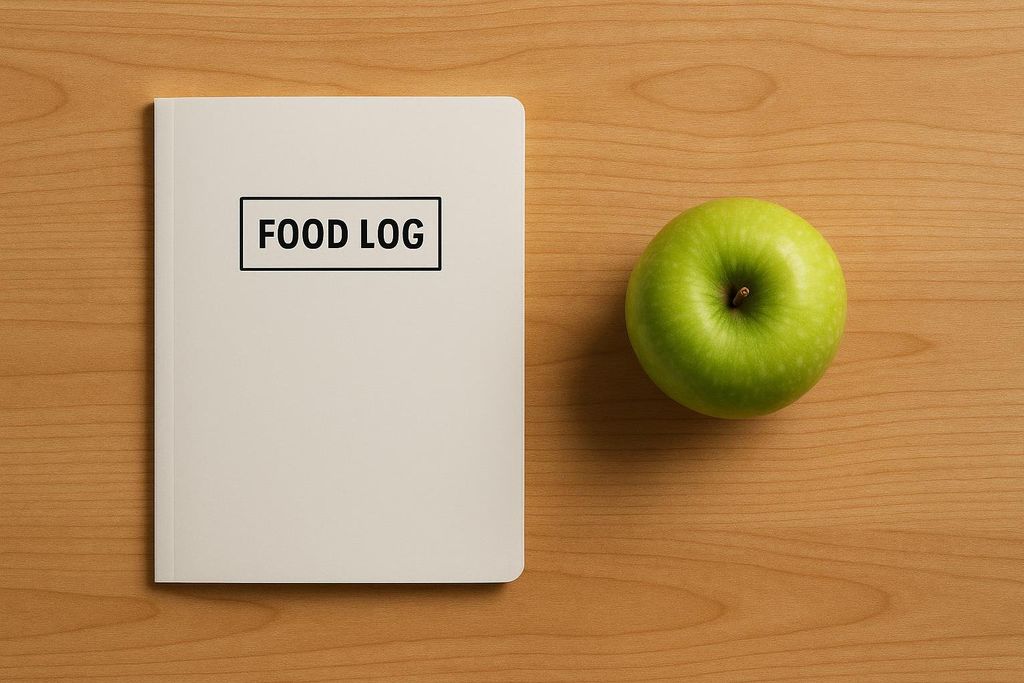 A white notebook with 'FOOD LOG' printed on the cover, accompanied by a single green apple, resting on a wooden surface.