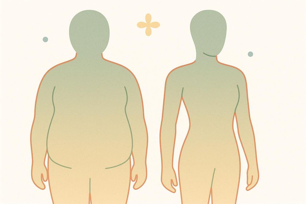Abstract illustration showing two silhouettes depicting a transition from a larger body size to a smaller one, symbolizing weight loss.