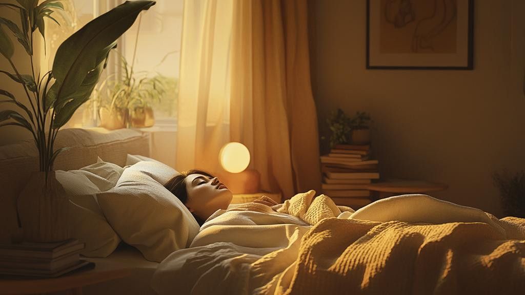 A woman sleeps peacefully in a bed next to a window letting in warm, golden light. A large potted plant is beside the bed, and a small glowing lamp sits on a bedside table with a stack of books.