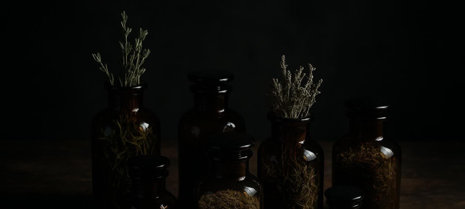 A moody photo of several dark glass bottles, some containing dried herbs or plants, set against a dark background, evoking a sense of mystery.