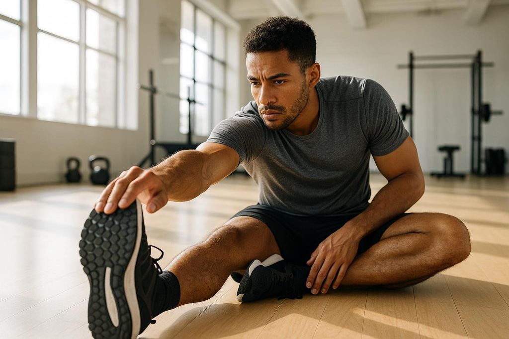 A man in a grey t-shirt and black shorts sits on a wooden floor, leaning forward to stretch his hamstrings, touching his toes. He is focused, and in the background, there are gym equipment and large windows.