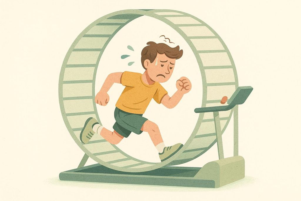 An illustration depicts a sweating, distressed person running inside a large hamster wheel. This symbolizes workout burnout or a challenging exercise routine.