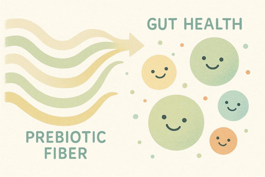 An abstract illustration showing wavy lines representing prebiotic fiber flowing towards smiling, circular microbes, indicating improved gut health. The text 'PREBIOTIC FIBER' and 'GUT HEALTH' are also displayed.
