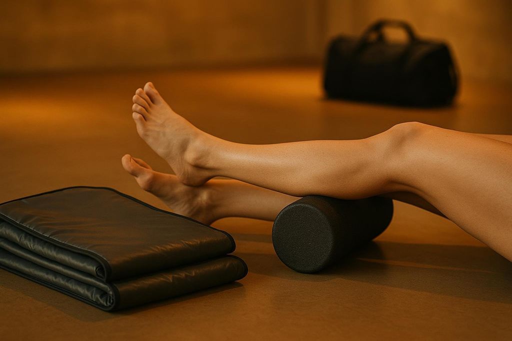 Close-up of a person's legs resting on a black foam roller, with a folded black sauna blanket nearby on a wooden floor. In the blurred background, a black duffel bag is visible.