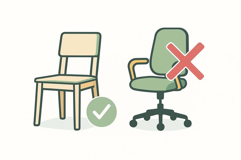 Illustration comparing a stable, four-legged wooden chair with a green checkmark indicating it is safe, and a wheeled, swivel office chair with a red X indicating it is unsafe.