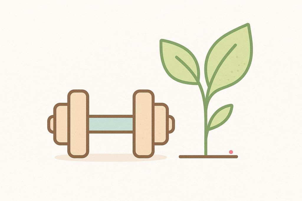 Illustration showing a brown dumbbell with a light blue handle next to a green plant icon with three leaves and a small pink dot in the background. This symbolizes plant-based protein for building muscle.