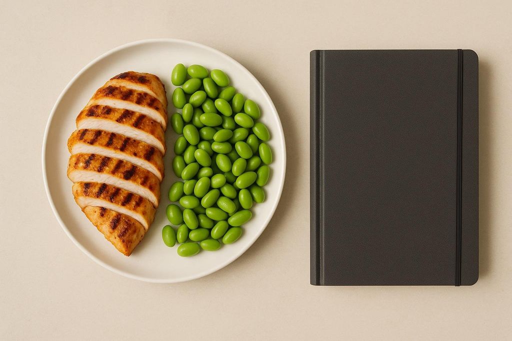 A white plate on a light beige background holding sliced grilled chicken breast with char marks and a pile of bright green edamame beans. To the right of the plate is a blank dark gray notebook with a black elastic band.