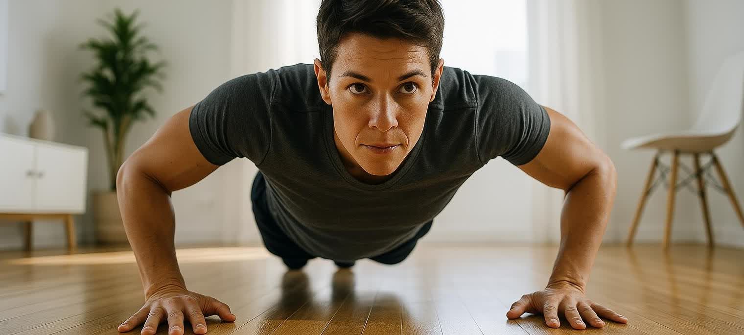A person with a strong physique is captured mid-push-up in a sunlit, modern living room, demonstrating bodyweight strength. The individual looks directly at the camera with intense focus.