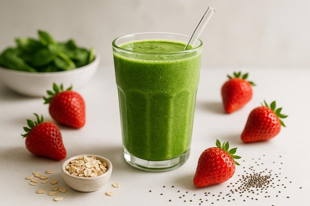 A tall glass of green spinach smoothie next to fresh strawberries, rolled oats, and chia seeds.