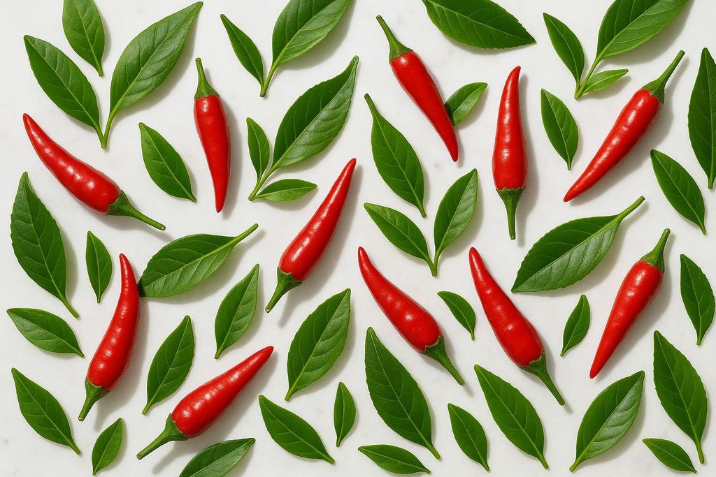 Fresh vibrant red chilies and vivid green tea leaves arranged neatly on marble.