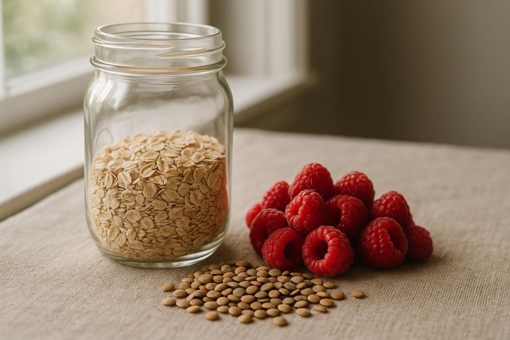 A mason jar of dry oats alongside raspberries and lentils.