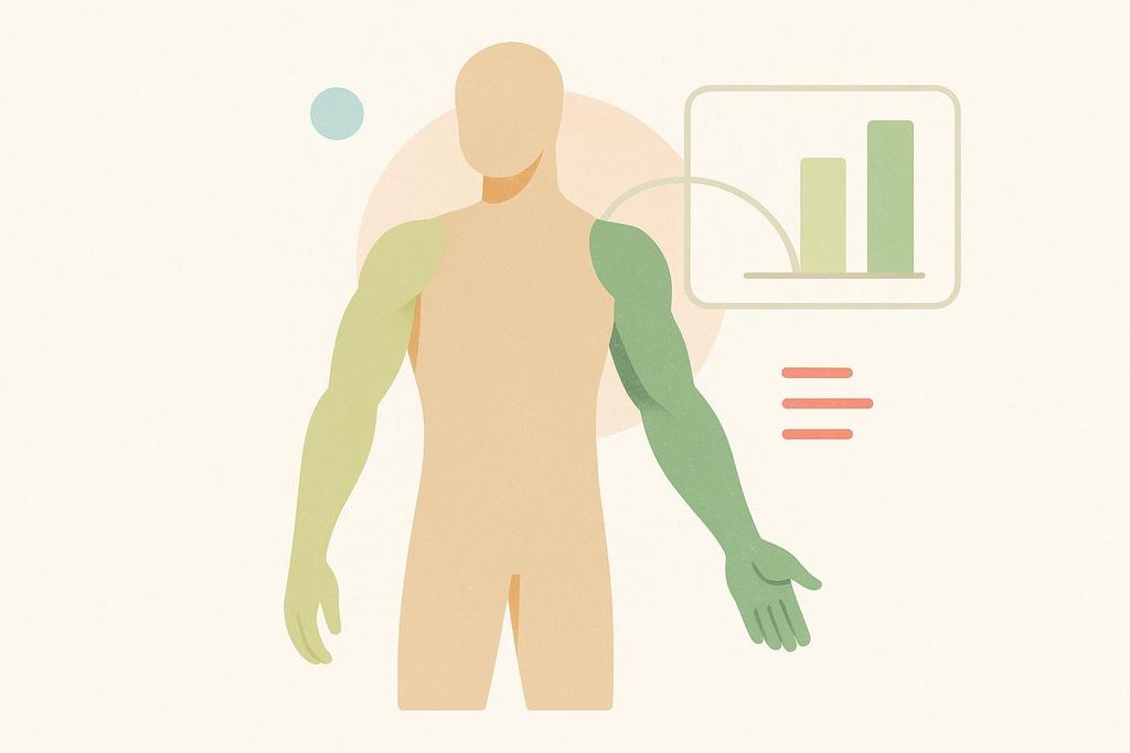 Abstract illustration showing muscle asymmetry between left and right arms for athlete analysis, with a bar graph and other icons.