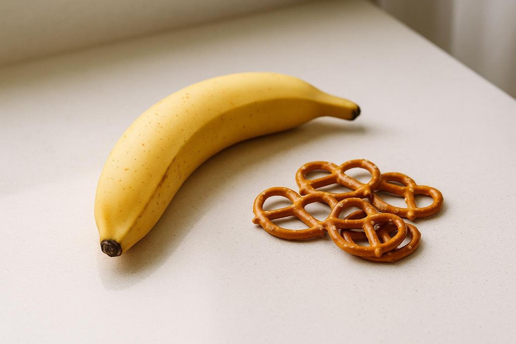 A ripe yellow banana sits beside a small pile of miniature pretzel twists on a light-colored surface.