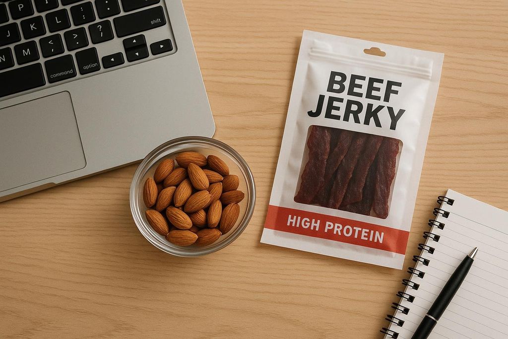 A flat lay image shows a healthy desk snack for a busy professional. A bowl of almonds sits next to a laptop keyboard. A white package of beef jerky, labeled 'HIGH PROTEIN,' is positioned below a spiral-bound notebook and a black pen, all on a light wooden desk surface.