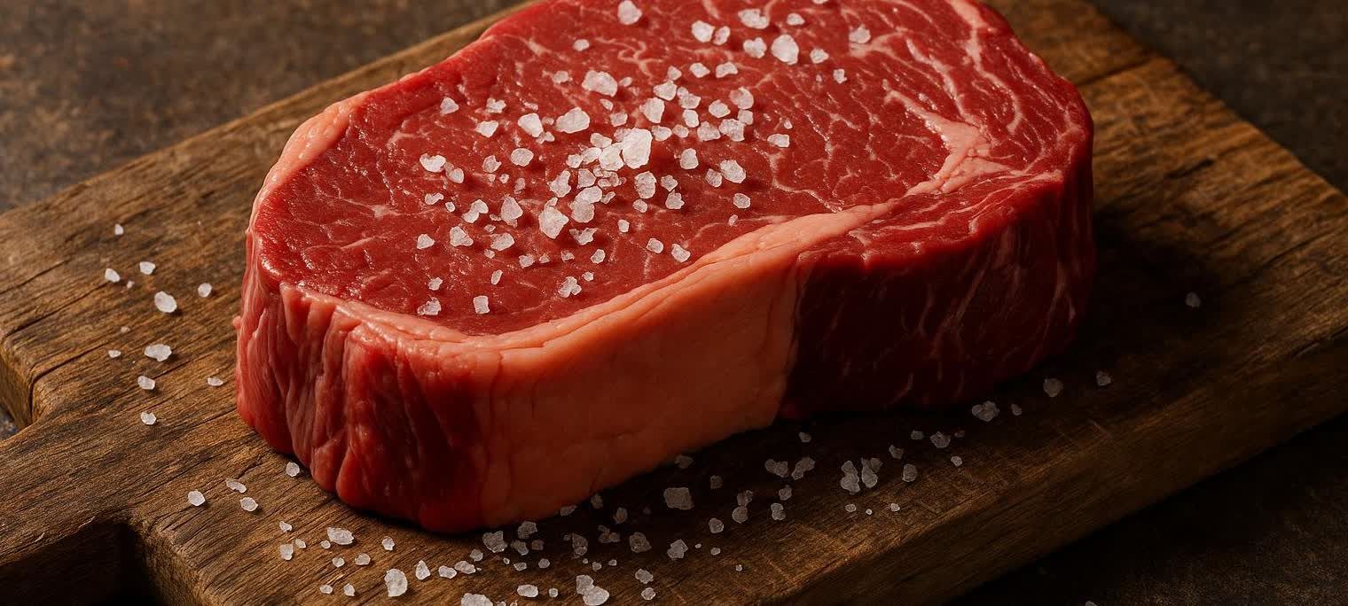Close-up profile of raw grass-fed steak and salt on a wooden cutting board