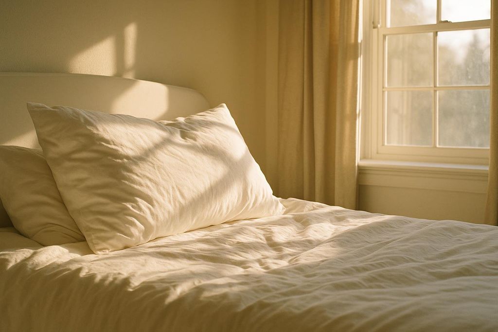 A peaceful bedroom bathed in warm sunlight, featuring a bed with white linens and pillows, next to a window with light-colored curtains.