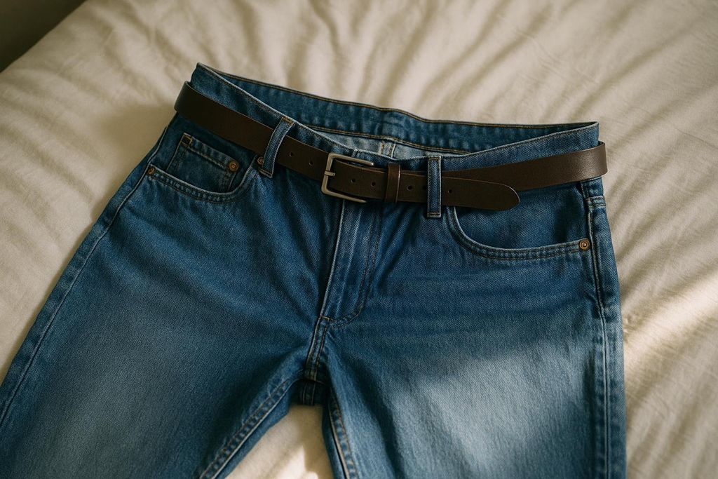 A pair of loose-fitting blue jeans with a dark brown belt tightened around the waist, lying on a white textured surface. This image represents the meaningful weight loss achieved in the PIONEER 4 trial.