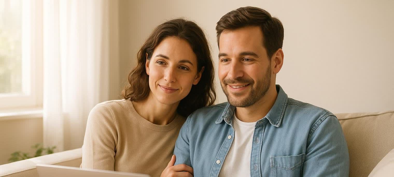 A smiling couple in their 30s looking at a laptop together, possibly planning for fertility, with the woman resting her head on the man's shoulder.