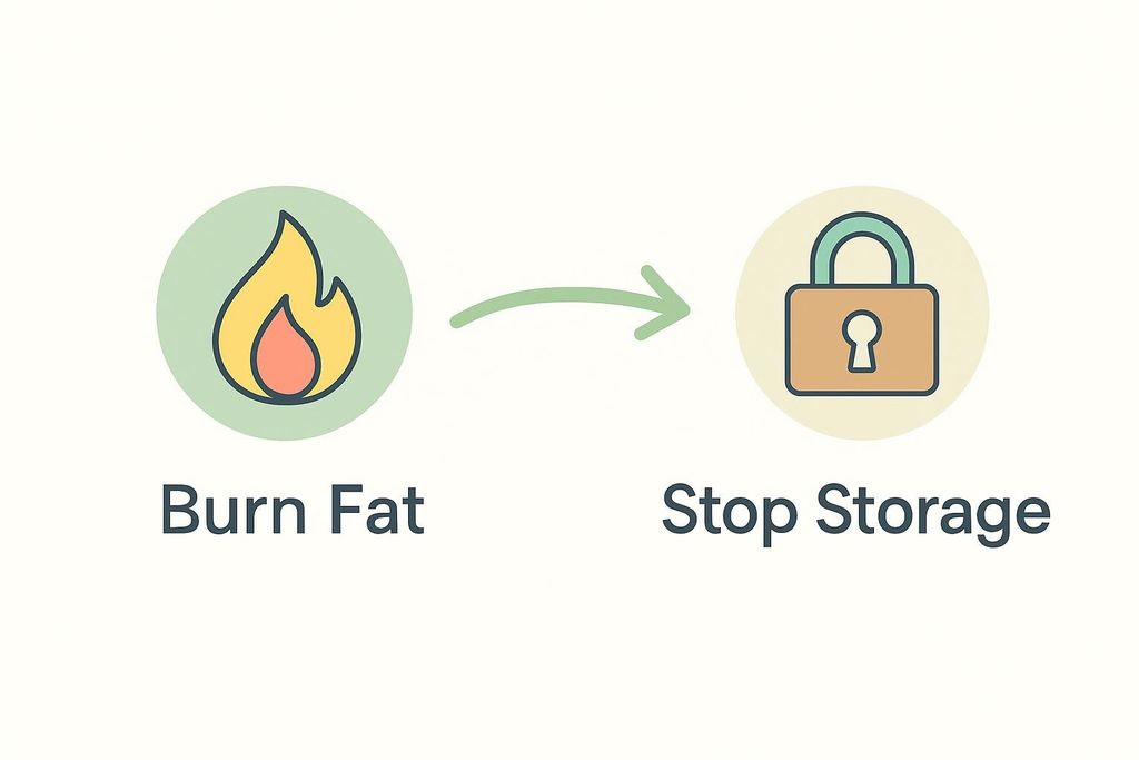 A flow diagram showing a yellow-orange flame icon within a green circle labeled 'Burn Fat' on the left. An olive green arrow points from the flame to a brown padlock icon with a light blue arch on a light yellow circle labeled 'Stop Storage' on the right. The background is off-white.