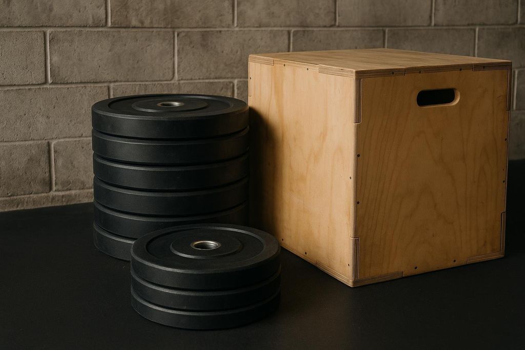 A stack of black weight plates and a wooden plyometric box sit on a black gym floor against a textured brick wall, ready for a workout.