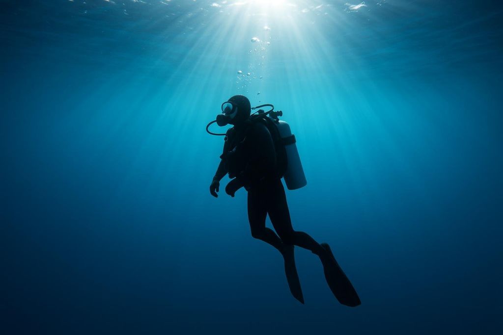 A silhouette of a scuba diver ascends in deep blue water, with prominent sun rays beaming down from the surface, creating a peaceful underwater scene.