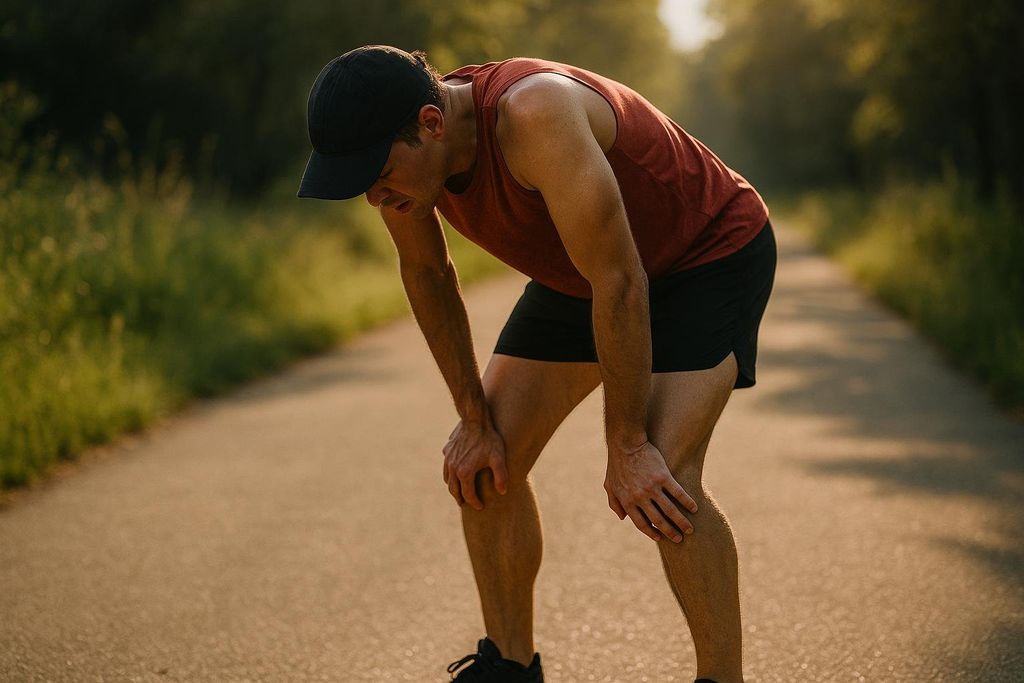 A runner hunched forward with hands on their knees, completely exhausted.