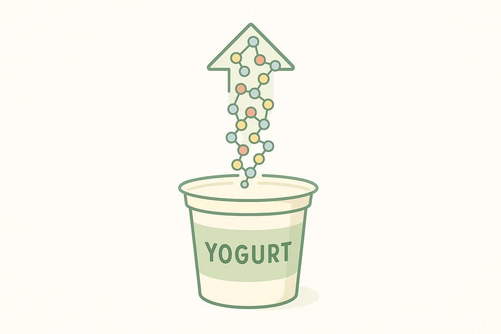 An illustration of a yogurt cup, labeled 'YOGURT', with an arrow made of colorful molecular structures emerging from it and pointing upwards, symbolizing high protein content.