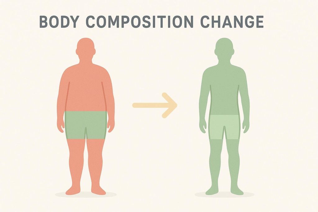 A diagram showing how body composition can improve with exercise, with fat decreasing and muscle mass increasing, even if total weight does not change. An arrow points from an overweight person on the left to a fit person on the right, both with the same overall weight indication.
