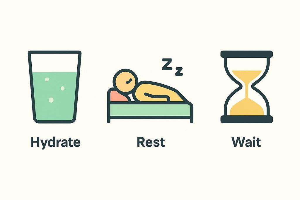 Three aftercare icons displayed horizontally: a glass of water for 'Hydrate', a person sleeping for 'Rest', and an hourglass for 'Wait'. These icons represent important steps for recovery.
