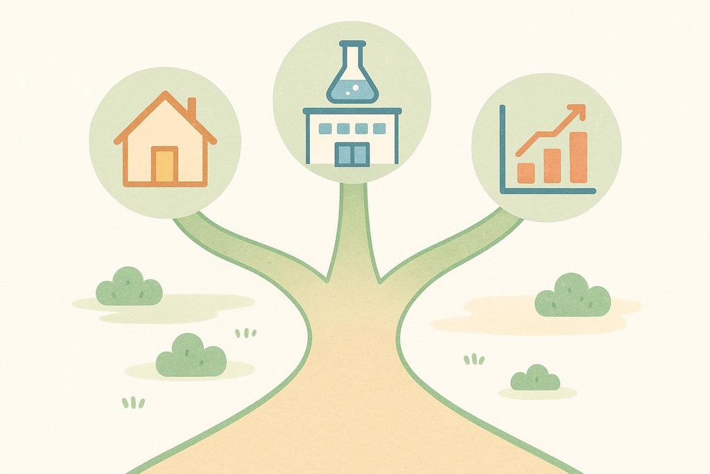 Illustration of a branching path leading to a house, a lab, and a chart, symbolizing choices between at-home, clinical, and detailed body scans.