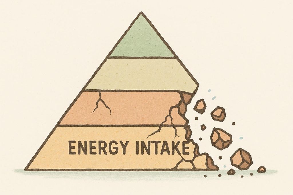 An illustration of a four-tiered pyramid. The bottom, largest tier is labeled "ENERGY INTAKE" and is crumbling on the right side, with pieces falling away. The tiers above it are intact but show cracks, suggesting instability due to the crumbling base. The pyramid is colored in earthy tones: the bottom tier is pale orange, the next is slightly darker peach, the third is light tan, and the top is a pale green.