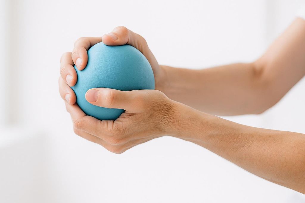 Close-up of hands squeezing a blue therapy ball to strengthen forearms and improve grip. The background is a clean white, emphasizing the action.