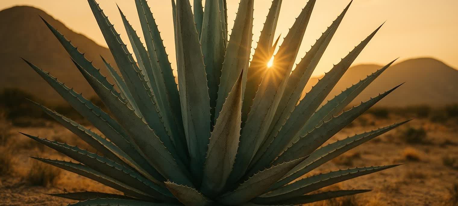 A large blue agave plant with sharp, spiky leaves growing in a desert landscape. The setting sun, with visible rays, peeks through the upper leaves, casting a warm golden glow over the scene and illuminating distant mountains.