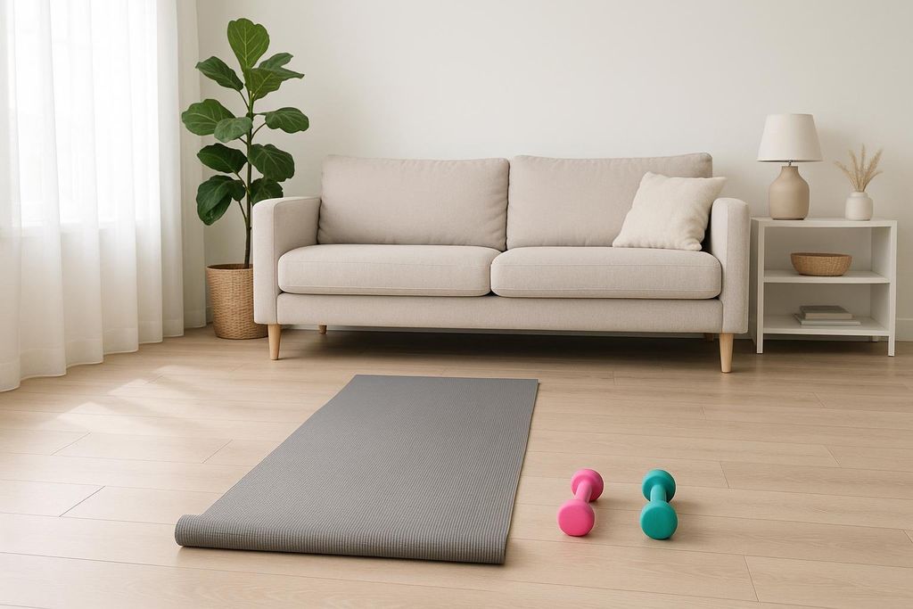 A gray yoga mat unrolled on a light wood floor, with a pink dumbbell and a teal dumbbell beside it. In the background, a light beige sofa with a white pillow sits against a white wall. To the left is a potted plant, and to the right is a white side table with a lamp and decor.