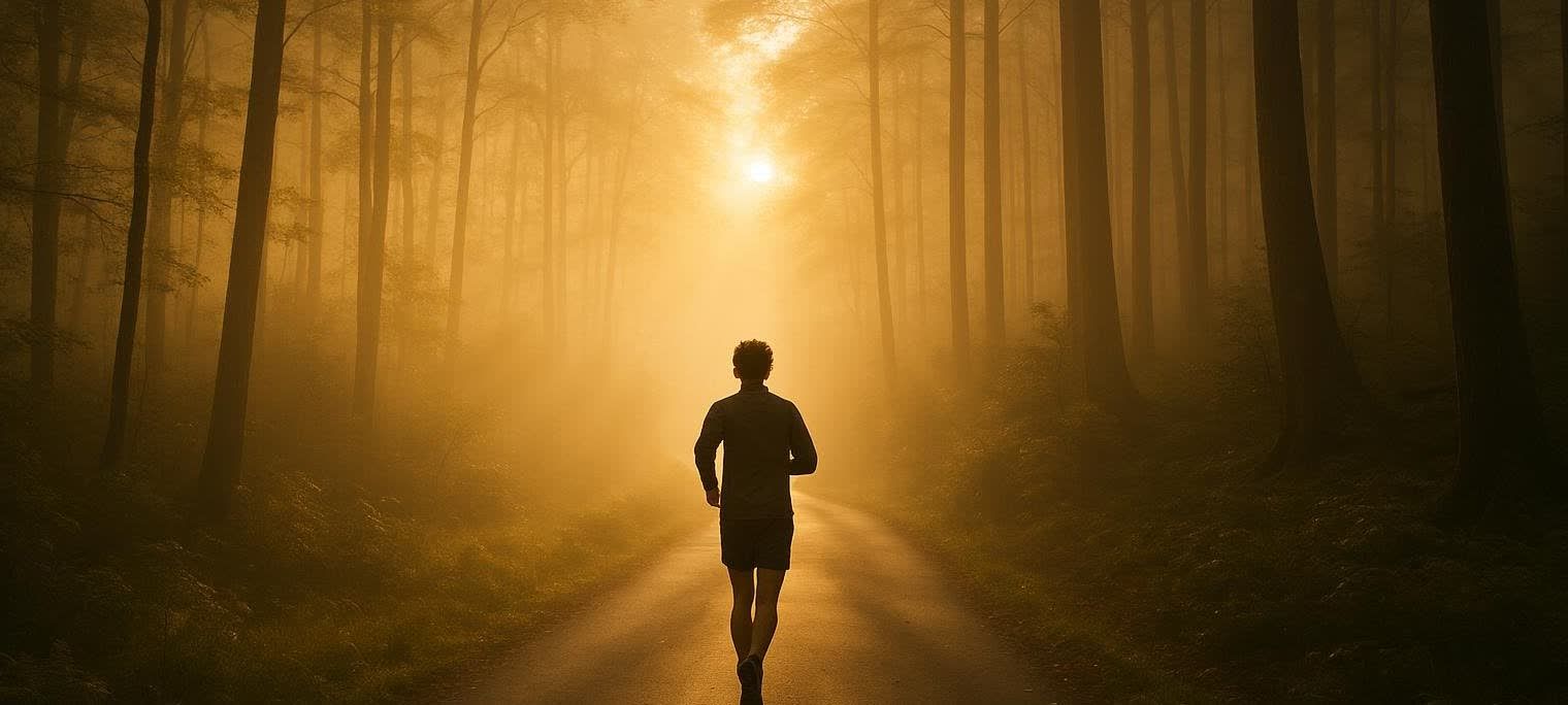 A lone runner on a forest path silhouetted by the golden light of a sunrise shining through a misty forest.