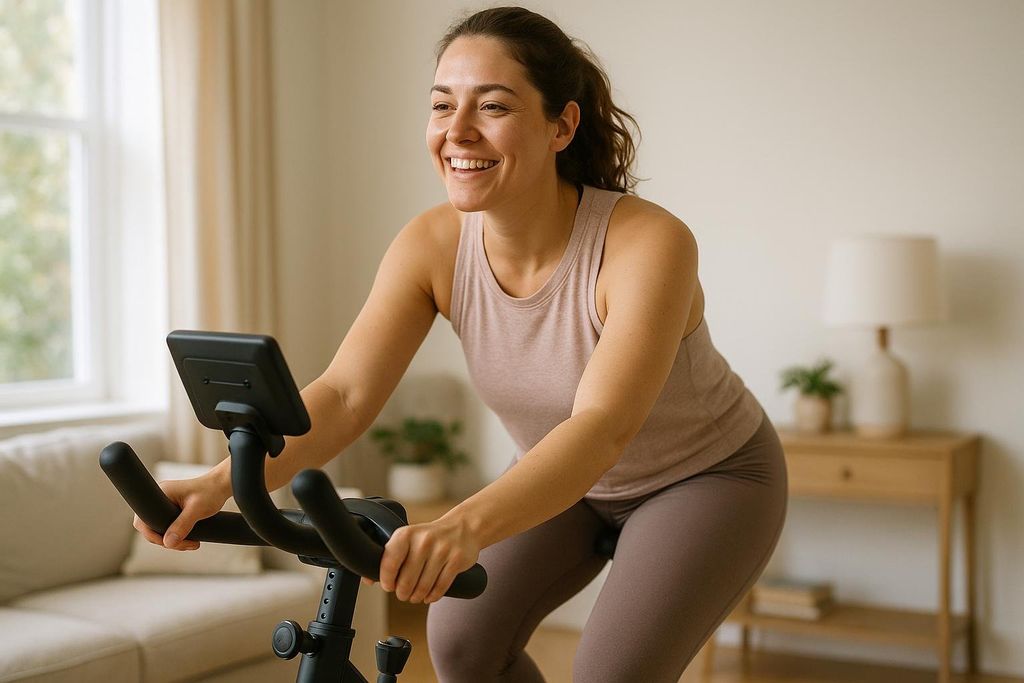 A woman smiles while doing a gentle warm-up on her stationary bike at home, with a bright room visible in the background.