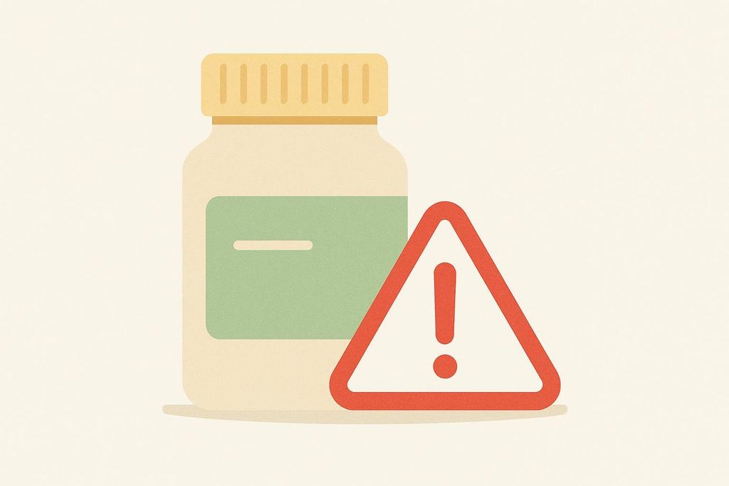 An illustration of a light-colored pill bottle with a green label next to a prominent red and white triangular warning sign with an exclamation mark, indicating potential risks or hazards associated with medication.