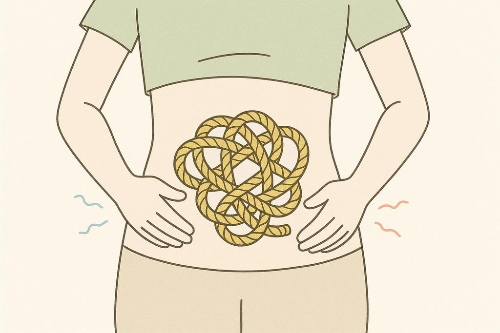 An illustration of a person's torso with a tangled, knotted rope inside their stomach, symbolizing digestive issues like stomachache, cramps, and upset stomach. Blue wavy lines on the left and red wavy lines on the right indicate discomfort.