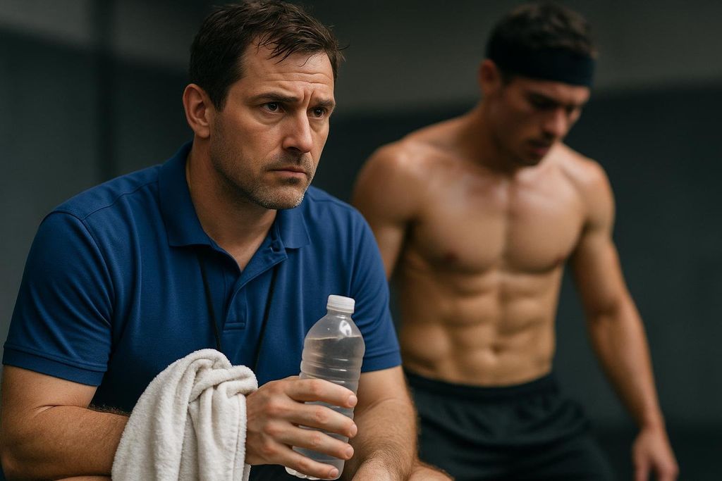 A concerned-looking male coach in a blue polo shirt holds a water bottle and towel, sitting beside a shirtless, athletic man wearing a headband. The coach appears to be observing or reflecting on the athlete's performance or condition.