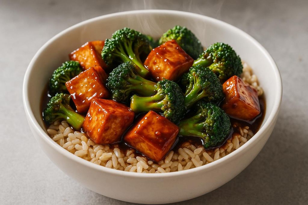 A close-up of a white bowl filled with steaming vegan teriyaki tofu and broccoli stir-fry served over brown rice. The tofu is cubed and glazed with a dark sauce, and the broccoli florets are vibrant green. wisps of steam rise from the hot meal.