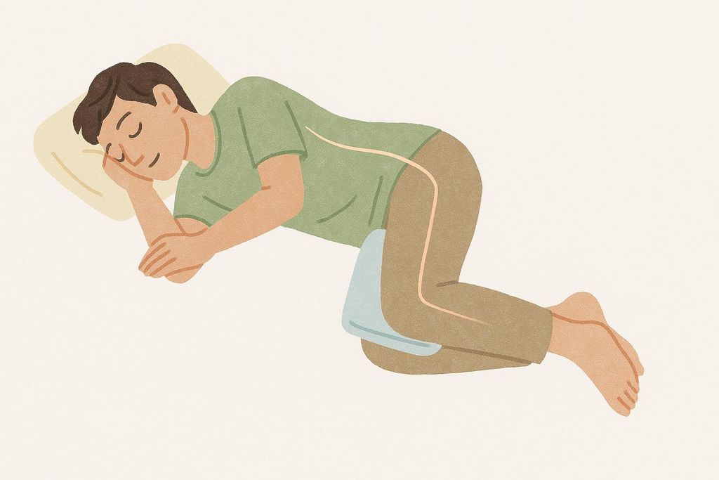 An illustration showing a person sleeping on their side with a pillow between their knees to maintain a straight spine and neutral pelvis.